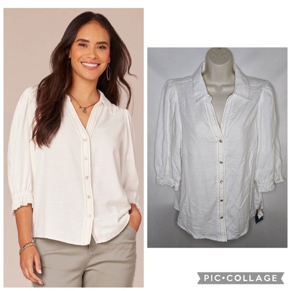 New Democracy Below Elbow Puff Sleeve Western Yoke Snap Front Off White Shirt M - Picture 1 of 15